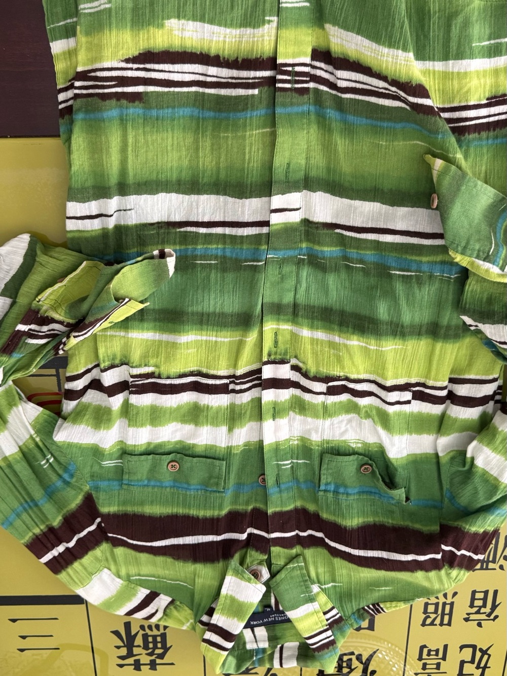 Jones New York Green and White Striped Button-Down Shirt